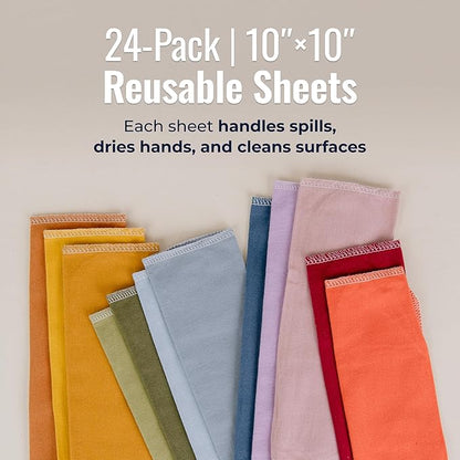 Zero Waste Reusable Paper Towels, Organic Cotton Flannel Wipes for Kitchen, Bathroom, Hand Drying, Pet Messes, and Counter Cleaning, Earth Tones, 24-Pack Gift Set