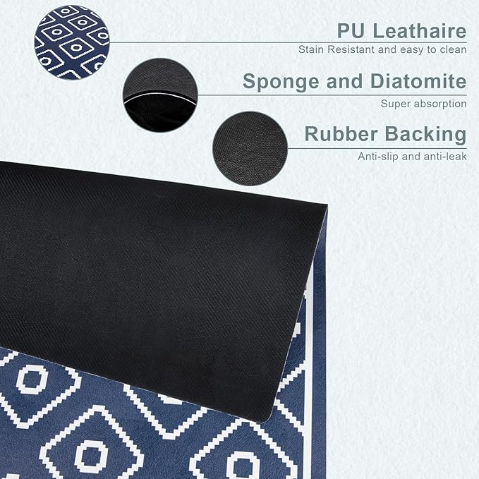 SUEH DESIGN Dish Drying Mat, Absorbent Coffee Mat 23.6 x 15.7 in Quick Dry Drying Mats Large Coffee Mat for Coffee Bar Kitchen Countertop, Dark Blue