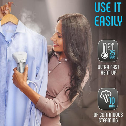 Portable Travel Garment Steamer for Clothes, Metal Steam Head, 25s Heat Up, Pump System, Mini Size, Handheld Steamer for Any Fabrics, No Water Spitting, 120V