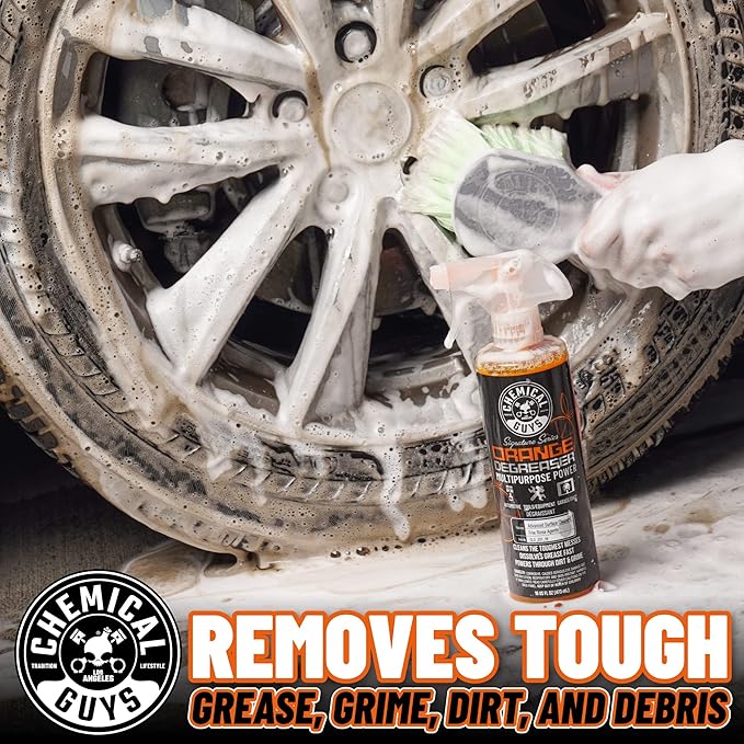Chemical Guys Orange Degreaser 16 oz - with Professional Grade Microfiber Towel - Heavy Duty Cleaning Kit for Engines, Wheels, Tires, & More - Powerful Citrus Formula Removes Grease & Grime