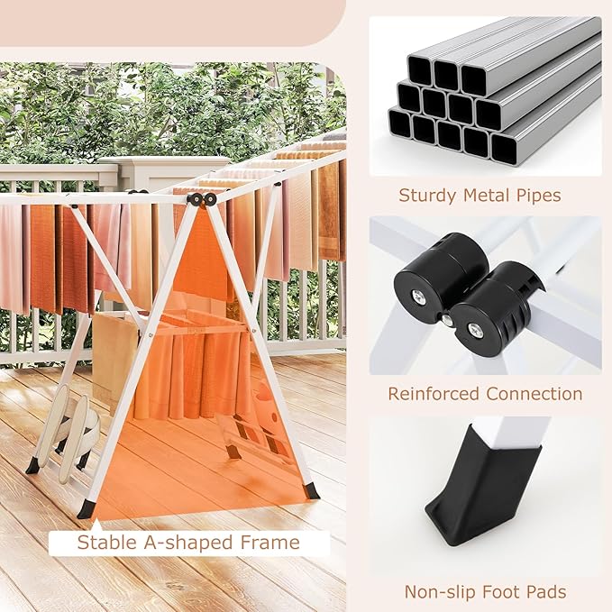 Giantex Clothes Drying Rack, Foldable Metal Laundry Drying Rack with Height Adjustable Wings, 16 Drying Rails, Sock Clips & Shoe Racks, Freestanding Clothing Stand for Indoor & Outdoor, White