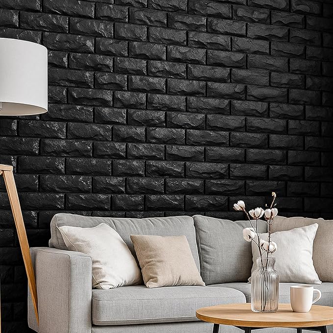 Circloophs 30 Pcs 3D Wall Panels Stick and Peel, Black Brick Printable 3D Wallpaper Stick and Peel Self Adhesive Waterproof Foam Faux Brick Paneling for Bedroom, Bathroom, Kitchen, Fireplace