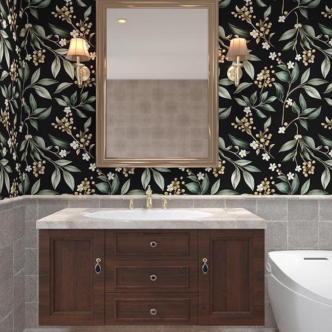 Black Green Floral Peel and Stick Wallpaper, 17.5" x 197" Vintage Dark Green Leaf Botanical Self-Adhesive Contact Paper for Bathroom Bedroom Kitchen Cabinet Drawer Vinyl Wall Paper Dark Green