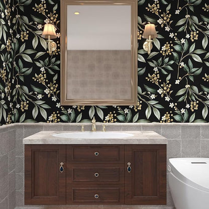 Black Green Floral Peel and Stick Wallpaper, 17.5" x 197" Vintage Dark Green Leaf Botanical Self-Adhesive Contact Paper for Bathroom Bedroom Kitchen Cabinet Drawer Vinyl Wall Paper Dark Green