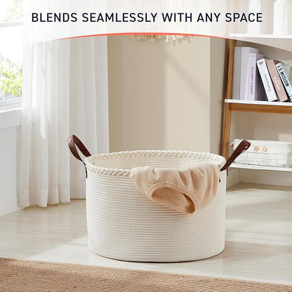 XLarge Round Cotton Rope Storage Basket Bin Organizer Laundry Hamper with Leather Handles, 21 x 21 x 14, Extra Large Blanket Woven Basket for Nursery - Cream