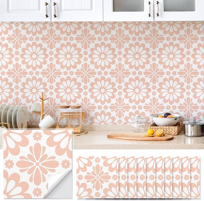 AM AMAONM 10pcs 20x20cm Removable Square Vintage Floral Pattern Tile Stickers 3D Decorative Peel and Stick Vinyl Self Adhesive Wall Tiles Decor Decals for Kitchen Backsplash Bathroom Furniture (F)