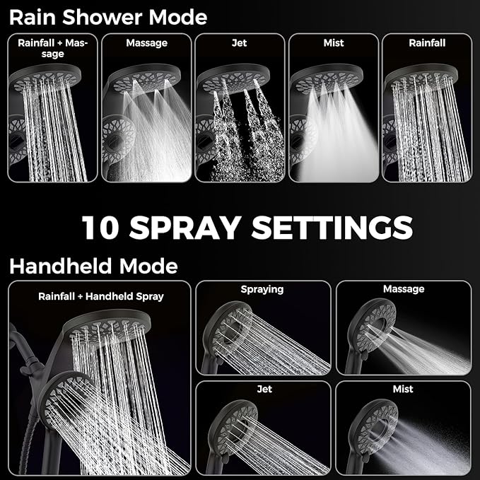 High Pressure Rain Shower Head with Handheld Spray Combo: Detachable Dual Shower Head with 10 Sprays Modes - Upgrade Knob Spray Mode Selector and Magnetic Guidance Docking System