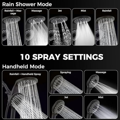 High Pressure Rain Shower Head with Handheld Spray Combo: Detachable Dual Shower Head with 10 Sprays Modes - Upgrade Knob Spray Mode Selector and Magnetic Guidance Docking System