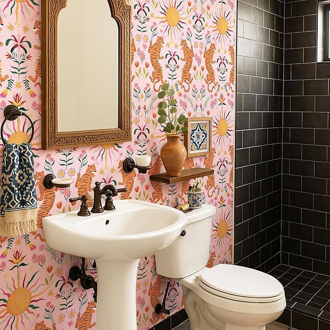 JiffDiff Pink Tiger Peel and Stick Wallpaper - Tropical Tiger Boho Removable Self Adhesive Jungle Animal Wall Paper for Bedroom, Living Room, Nursery Waterproof DIY Wall Decor (17.3" x 480")