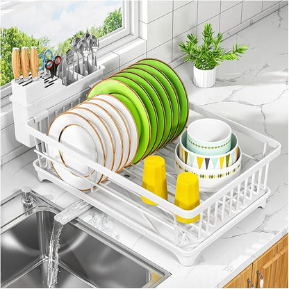 Kmiectse Dish Drying Rack - Space-Saving Small Dish Rack for Kitchen Counter, Rust-Resistant Kitchen Drying Rack, Compact Dish Drainer Organizer with Utensil Holder for Home Kitchen, White