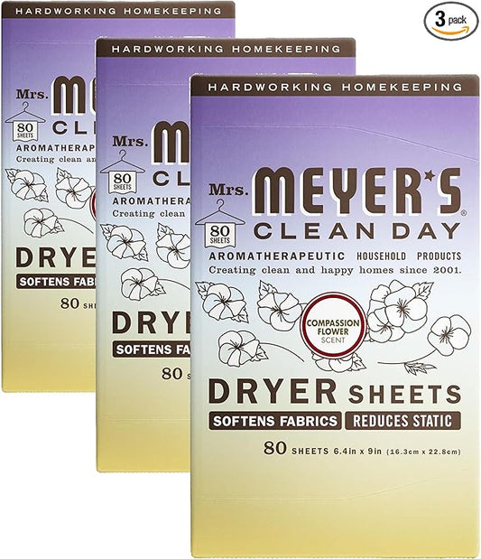 MRS. MEYER'S CLEAN DAY Dryer Sheets, Fabric Softener, Reduces Static, Infused with Essential Oils, Compassion Flower, 80 Count (Pack of 3)