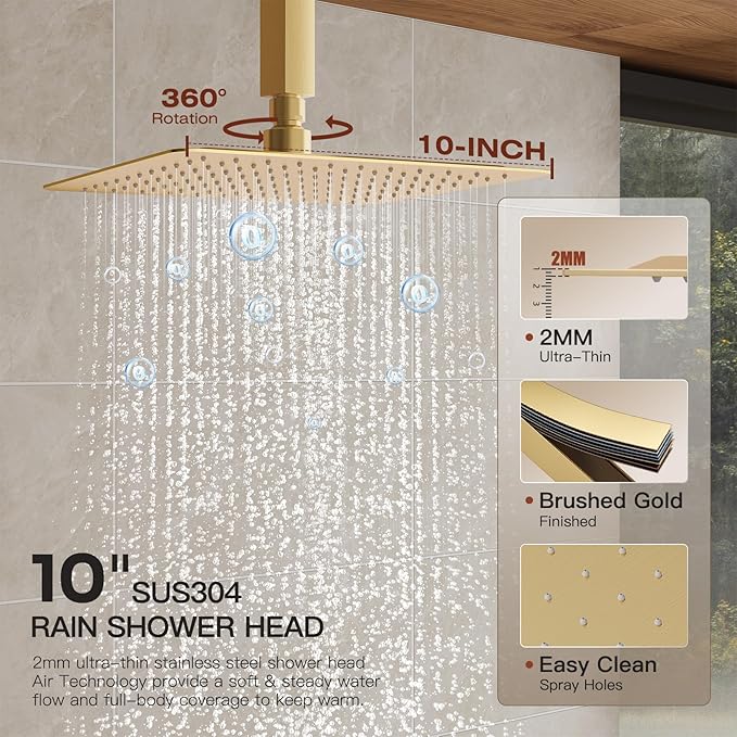 Gold Shower System, Shower Faucet Set with 3 In 1 Push Button Valve, Shower Faucet included 10" Ceiling Shower Head and 8" Wall-Mount Shower Head with Handheld Spray, Brushed Gold