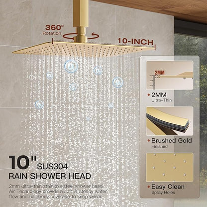 Gold Shower System, Shower Faucet Set with 3 In 1 Push Button Valve, Shower Faucet included 10" Ceiling Shower Head and 8" Wall-Mount Shower Head with Handheld Spray, Brushed Gold