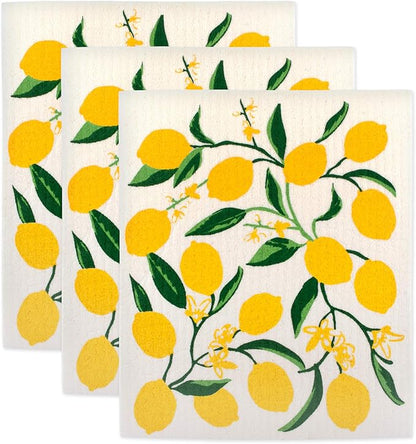 DII Swedish Dishcloths for Kitchen & Cleaning, Reusable, Machine Washable & Dishwasher Safe, Biodegradable, 7.75 x 6.75, Lemons, 3 Piece