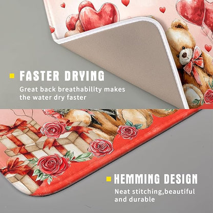 Valentines Day Dish Drying Mat Bear Lover Absorbent Kitchen Drying Mats for Countertops 18 X 16