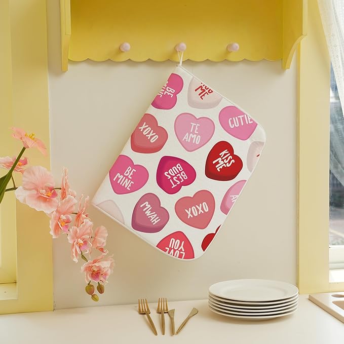 Valentine's Dish Drying Mat 18x24 Inches For Kitchen Counter Absorbent Love Heart Pink Kitchen Decoration Mother's Day Anniversary Wedding Drying Mat Pad For Home Kitchen,Office,Dining Room