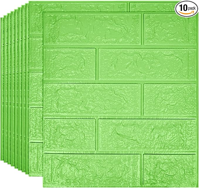 3D Wall Panels, 14.5 sq.feet Coverage, Printable Wallpaper Sticker with Self-Adhesive Waterproof Brick PE Foam Wall Panels Peel and Stick for Interior Wall Decor, Home Decoration 10 PCS Green
