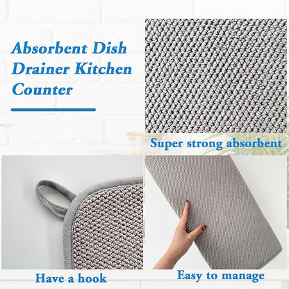 2 Pack Large Dish Drying Mat,24x17 Inch Absorbent Microfiber Dishes Drainer Mats,Dish Drying Pad for Countertops,Sinks,Draining Racks(Gray)
