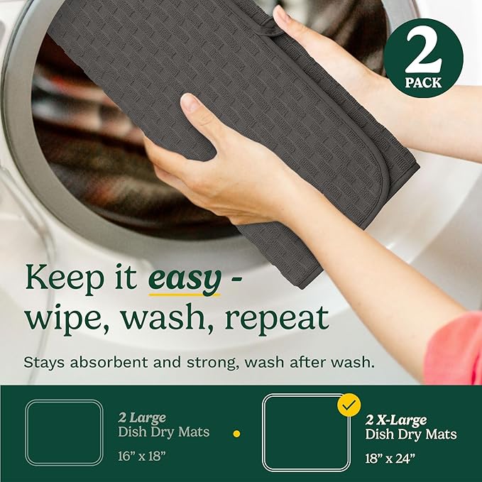 Cuisinart Dish Drying Mats for Kitchen Counter - (2) 18" x 24" Ultra Absorbent Dish Drying Mat XL - Foldable, Machine Washable, Fast Drying Dish Mat (Cascading Check)