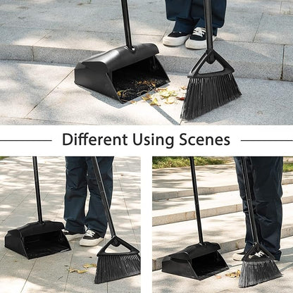 Eyliden Commercial Angle Broom and Dustpan Combo, with Long Handle and Lid, Lobby Dust Pan Sweep Set for Outdoor Garages Courtyard Sidewalks Decks Indoor Home Kitchen Room Office (Black Broom+Dustpan)