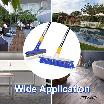 ITTAHO 12" Wide Floor Scrub and Grout Brush Set With Long Extendable Handle - Stiff Bristle Heavy Duty Cleaner for Tile, Deck, Garage, Kitchen, Bathroom