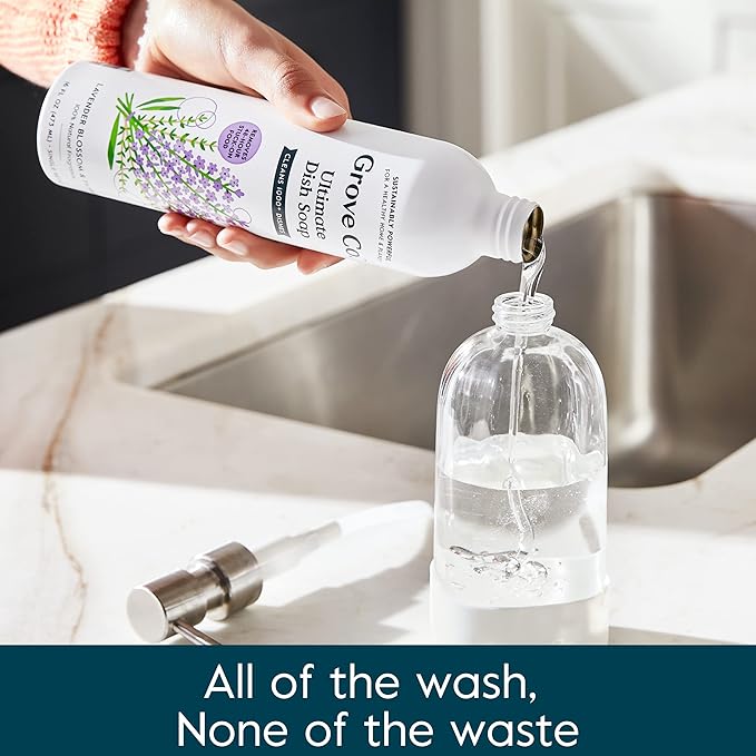 Grove Co. Ultimate Dish Soap Refills (3 x 16 Fl Oz) Removes 48-hour Stuck-on Food and Grease, Plastic-Free Cleaning Products, 100% Natural Lavender Blossom & Thyme Fragrance