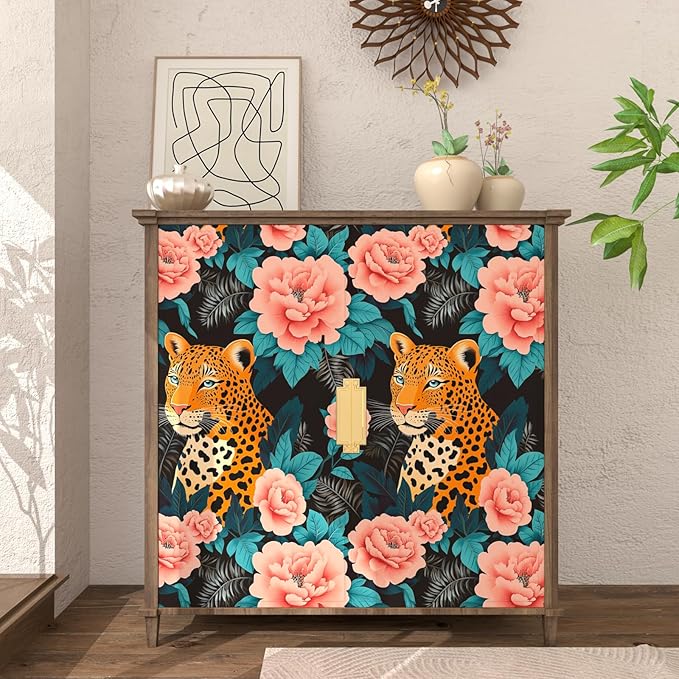 Fvlow Pink Floral Wallpaper Peel and Stick Leopard Jungle Contact Paper Wall Paper Waterproof Self-Adhesive Wall Covering for Bedroom Countertop Desk Cabinets Decor Renter Friendly 17.4" x 118"