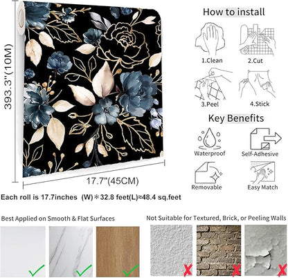 Black and Gold Floral Peel and Stick Wallpaper Self Adhesive Removable Thick Modern Dark Botanical Watercolor Navy Blue Flower Accent Wall for Bedroom Bathroom Renter Friendly 17.7" x 393.3"