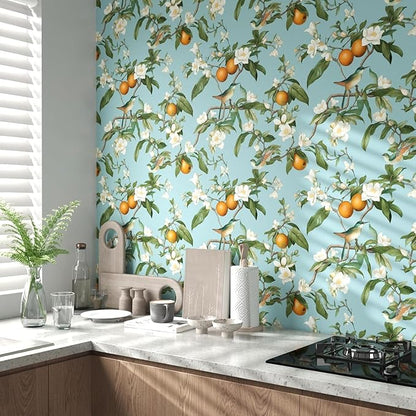 Laatse Blue Floral Wallpaper Peel and Stick, Vintage Bird Leaf Fruit Contact Paper, Self Adhesive Removable Retro Wall Mural Wall Paper for Room Walls Shelves Cabinet Table Decor 17.5" x 118"