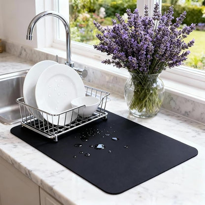 Dish Drying Mat Super Absorbent – 16" x 12" Coffee Mat for Countertops – Non-Slip Drying Mat for Kitchen Counter – Easy to Clean Water Absorbent Mat – Quick Dry Dish Drying Mats (Black)