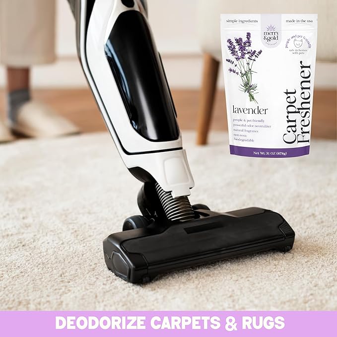Merry & Gold Carpet Freshener & Deodorizer Powder - 31oz | Pet Odor Eliminator for Strong Odors | Safe for Homes with Pets | Made in USA | Natural Ingredients (Lavender)