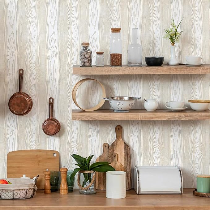 Yun-aeon White and Gold Wood Contact Paper 17.3"x80" Rustic Wooden Peel and Stick Wallpaper Removable Self-Adhesive Wallpaper Wood Grain Contact Paper for Countertops Cabinets
