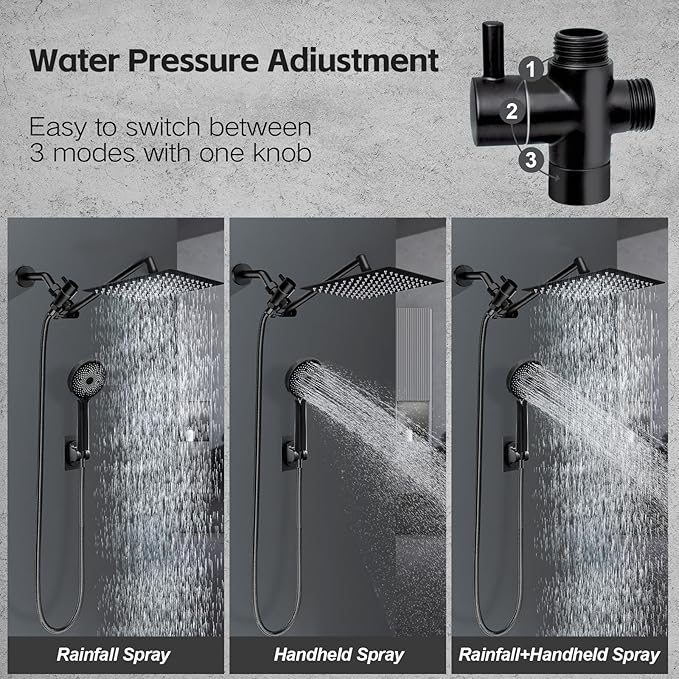 Shower Head,10”Rain Shower Head with Handheld Spray Combo with 11'' Angle Adjustable Extension Arm/Flow Regulator/Shower System,High Pressure Rainfall Shower Head Clean Bathroom,Matt Black