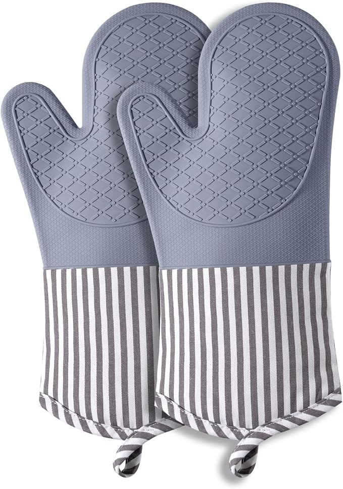 Silicone Oven Mitts, Heat Resistant Oven Gloves with Quilted Liner, Waterproof & Non-Slip Kitchen Mittens for Baking Cooking BBQ, 500°F, 13.5" Nordic Grey