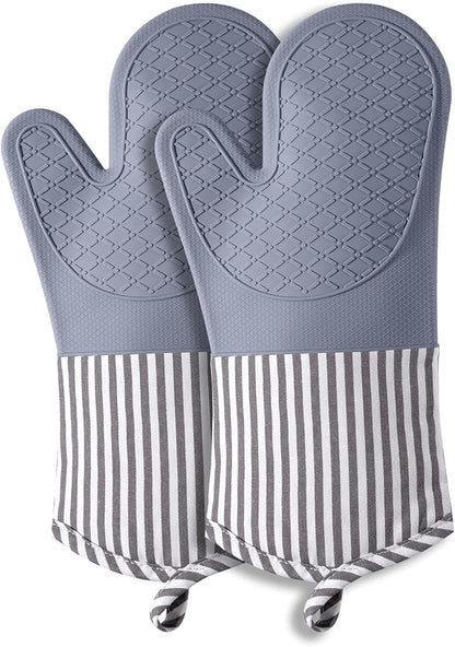 Silicone Oven Mitts, Heat Resistant Oven Gloves with Quilted Liner, Waterproof & Non-Slip Kitchen Mittens for Baking Cooking BBQ, 500°F, 13.5" Nordic Grey