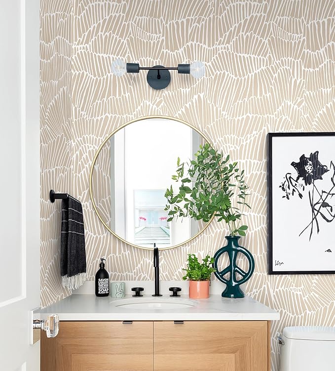 Guvana Beige Peel and Stick Wallpaper Boho Beige and White Contact Paper Modern Striped Self Adhesive Waterproof Wall Paper for Bathroom Bedroom Decor Removable Temporary Rv Wallpaper Roll 17.3"×197"