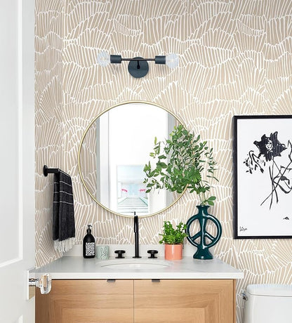 Guvana Beige Peel and Stick Wallpaper Boho Beige and White Contact Paper Modern Striped Self Adhesive Waterproof Wall Paper for Bathroom Bedroom Decor Removable Temporary Rv Wallpaper Roll 17.3"×197"