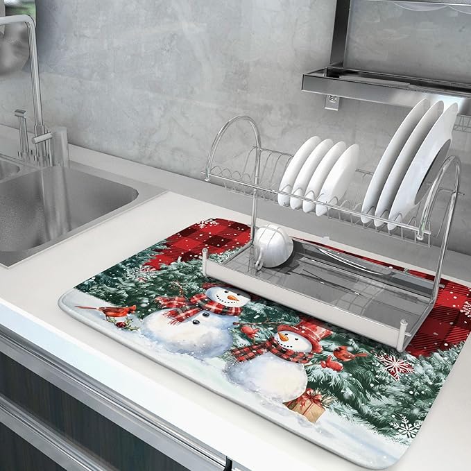 Christmas Snowman Dish Drying Mat for Kitchen Counter Xmas Trees Snowflake Buffalo Plaid Drying Mat 18x24 Inch Winter Holiday Absorbent Dish Drainer Mat Christmas Kitchen Accessories