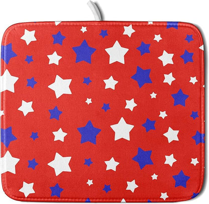 Fourth of July Independence Memorial Dish Drying Mat for Kitchen Counter,Blue White Star Patriotic Red Drying Mat 16 x 18 Inch with High Absorbent Microfiber Dish Drying Mat for Coffee Bar