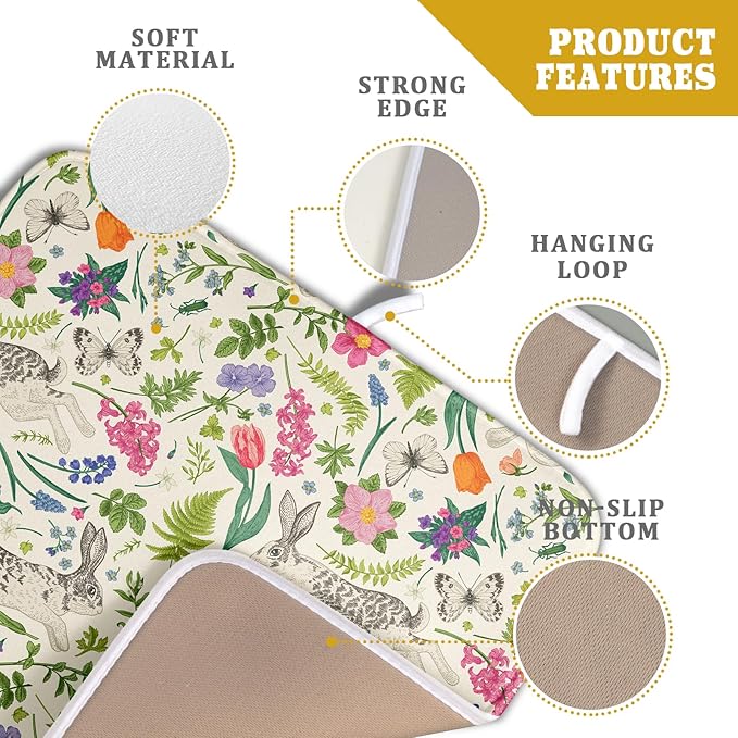 Spring Easter Dish Drying Mat for Kitchen Counter 16x18 Rabbit Bunny Green Pink Floral Vintage Print Absorbent Reversible Microfiber Drying Mats Kitchen Countertop Protector Dishes Drainer Rack Pad