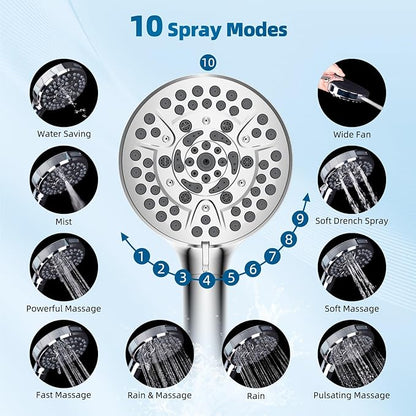 Hibbent All Metal cUPC Certified Shower Head, 8'' High Pressure Rainfall Shower Head, Handheld Showerhead Combo with 16'' Adjustable Extension Arm, 10 Sprays, 71'' Hose, Showerhead Holder, Chrome