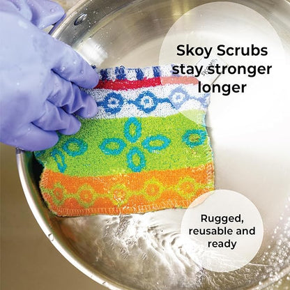 Skoy Scrub, 2-pack Reusable, Non-Scratching Dish Scrubber for Kitchen and Household Cleaning, Planet-Friendly, Dishwasher Safe Soft Scrub, Assorted Colors and Designs