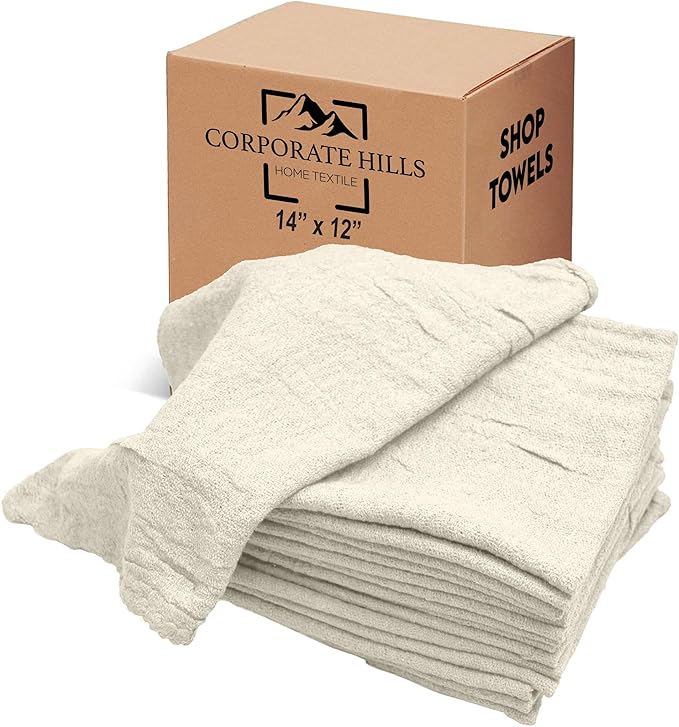 Cotton Shop Towel – Multipurpose Cleaning Cloths (14" x 12" - Pack of 150 - White) Reusable Shop Rags for Automobiles, Industrial, Restaurants, Garage, and Homes