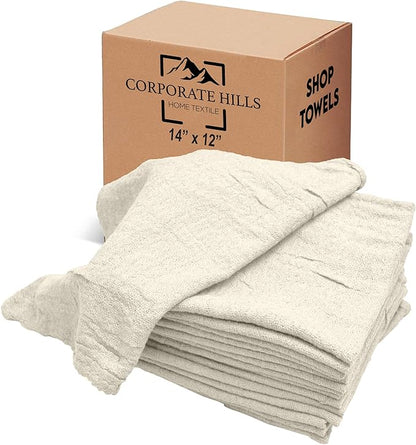 Cotton Shop Towel – Multipurpose Cleaning Cloths (14" x 12" - Pack of 100 - White) Reusable Shop Rags for Automobiles, Industrial, Restaurants, Garage, and Homes