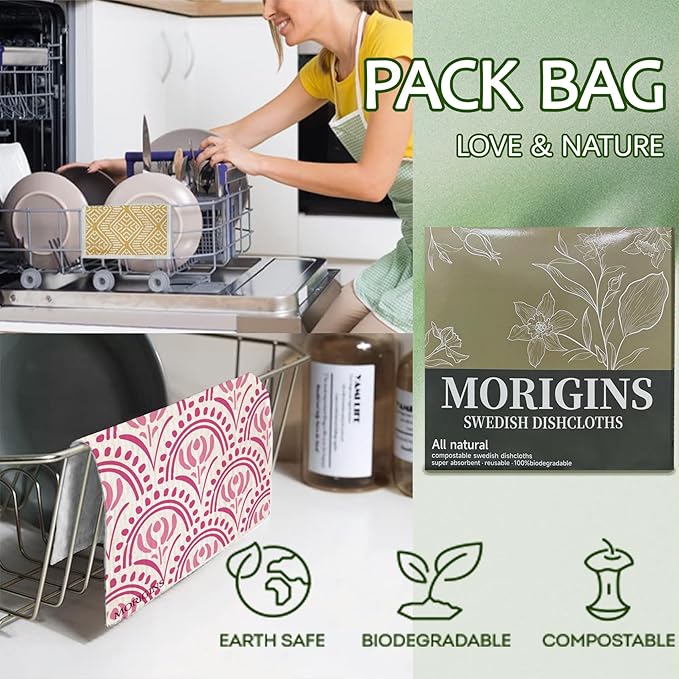 Morigins Swedish Kitchen Towel Set Reusable Kitchen Towel Set Absorbent Cellulose Sponge Cloth 8 Pack Set Biodegradable Ideal for Household Kitchen Cleaning