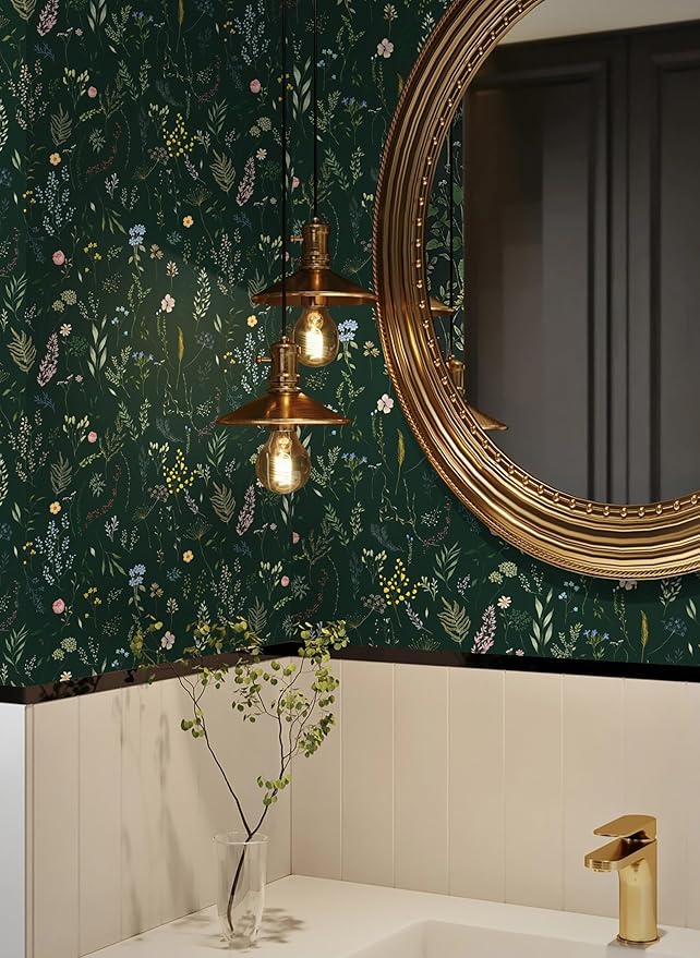 Dimoon 236"x16.1" Floral Peel and Stick Wallpaper Dark Green Smooth Contact Paper Flower Thicken Waterproof Green Leaf Self Adhesive Pomegranate Wallpaper Removable Shelf Liner Decal Vinyl Roll