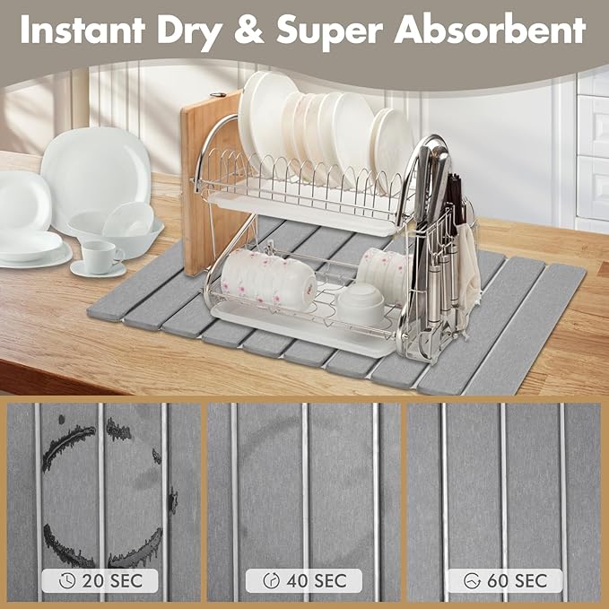 Large Stone Dish Drying Mat for Kitchen Counter, Eco-friendly, Instant Drying Pad,Diatomaceous Earth Water Absorbing Mat, Foldable and Super Absorbent Dish Drying Stone Mat, 24"×16", Light Gray