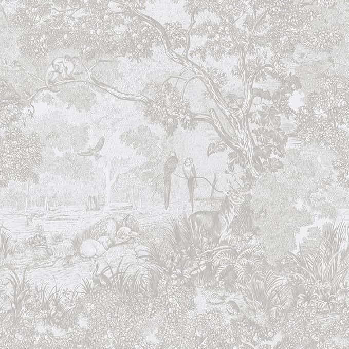 Ismoon Gray Peel and Stick Wallpaper Neutral Wall Paper 17.3in×6.56ft Vintage Removable Self-Adhesive Wallpaper Animals Jungle Contact Paper for Cabinets Bathroom Walls Covering Vinyl Roll