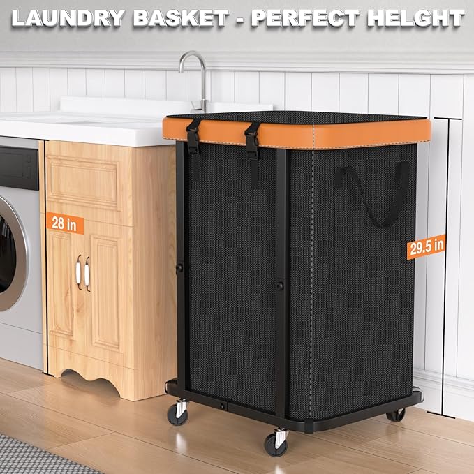 150L (40 Gal) Large Fashion Laundry Basket with Wheels, Leather Patchwork Rolling Hamper Carts, Sturdy Metal Frame, Removable Washable Bag, Tall Clothes Sorter for Bedroom, Laundry Room, Dorm - Black