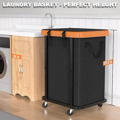 150L (40 Gal) Large Fashion Laundry Basket with Wheels, Leather Patchwork Rolling Hamper Carts, Sturdy Metal Frame, Removable Washable Bag, Tall Clothes Sorter for Bedroom, Laundry Room, Dorm - Black